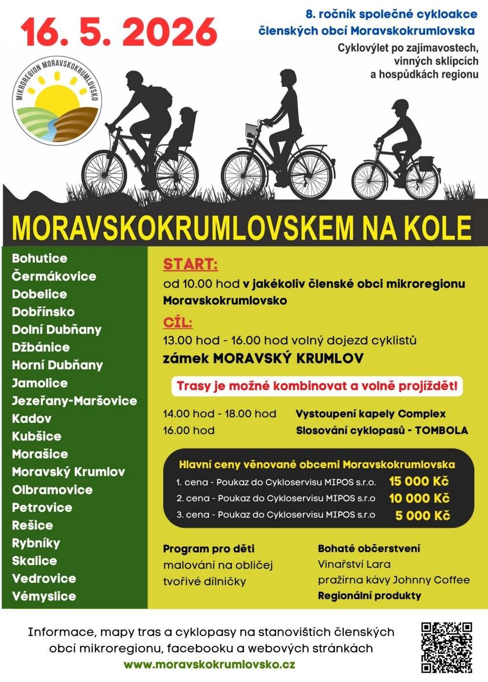 V sobotu 16. 5. vás zveme na 8.ročník společné cykloakce členských obcí Moravskokrumlovska. Vyrazit můžete od 10.00 hod. z jakékoli členské obce mikroregionu a cíl bude na zámku v Moravském Krumlově, kam je volný dojezd cyklistů mezi 13.00 a 16.00 hod.