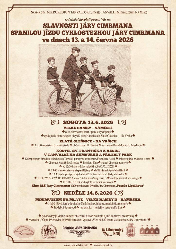 Je nám ctí oznámit, že letošní Spanilá jízda bude slavnostně zahájena v sobotu 13. června na náměstí ve Velkých Hamrech, odtud se peloton, vybaven odvahou, galuskami a přiměřenou dávkou vlastenectví, vydá do Zlaté Olešnice – Na Vrších, kde proběhne takzvaný mezistart.
