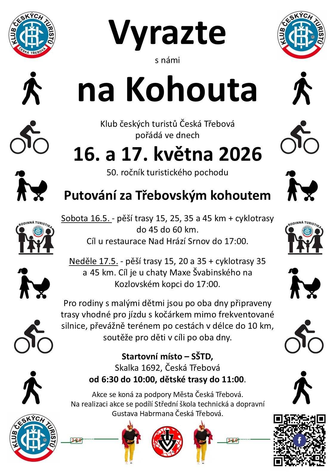 Klub českých turistů Česká Třebová pořádá 16. a 17. května 2026 50. ročník turistického pochodu Putování za Třebovským kohoutem. Bližší informace na plakátě: