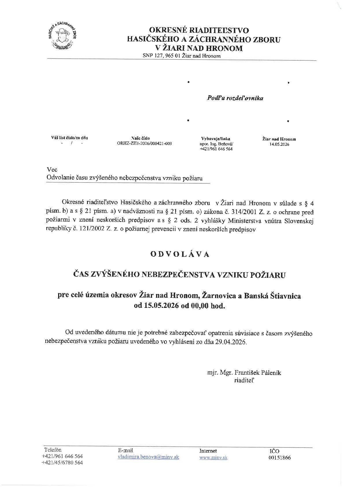 OR HaZZ v žiari nad Hronom odvoláva čas zvýšeného nebezpečenstva vzniku požiaru.
