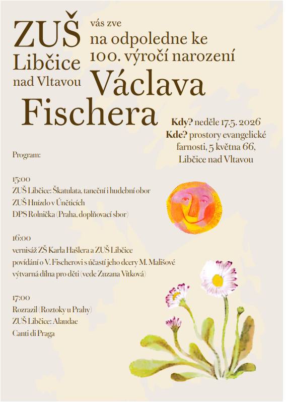Pátek 15. května  Centrum Malina zve na Ženský kruh na téma rovnováha do KC Fara v pátek 15. 5. od 19:00.   V Kotelně v areálu Uhelného mlýna se v pátek 15. května uskuteční od 18:00 party Gastro Rave, která propojí hudbu s jídlem formou živé gastro show, kde se stírají hranice mezi kuchaři, performery a návštěvníky.   Sobota 16. května V sobotu 16. května můžete zlikvidovat objemný odpad. Kontejnery budou přistaveny od 8 do 12 u seřadiště na rohu ulice Tržní.   Libčický občanský spolek LOS zve v sobotu na farmářské trhy. Farmářské trhy se konají na prostranství u Sokola a mají nově otevřeno od 9 až do 13 hodin. Přijďte si nakoupit a pozdravit se sousedy.   Fotbalový klub AFK Libčice zve na utkání I. Celostátní ligy dorostu. V sobotu 16. května nastoupí  v 10:15  na hřišti v Letkách hráči v kategorii U-19 FK Dukla Praha proti FC Hr. Králové. Přijďte fandit!    Centrum Malina pořádá dvoudenní workshop kreslení pravou hemisférou. Kurz proběhne 16.– 17. května 2026 v KC Fara, sobota 10:00–17:00 hod, neděle 10:00–14:00 hod.    V sobotu 16. května pořádá oddíl házené turnaj přípravky na domácím hřišti v areálu TJ Sokol. Začátek turnaje 13:30, předpokládaný konec okolo 17:00.    Již pojedenácté bude v sobotu 16. 5. večer hospodský kvíz. Přijďte si zasoutěžit a pobavit se od 19:30 na Žíněnku.    Neděle 17. května ZUŠ pořádá u příležitosti 100. výročí narození Václava Fischera v neděli od 15:00 na evangelické faře taneční a hudební představení. Vystoupí taneční a hudební obor ZUŠ, oba naše sbory (Škatulata, Alaudae) a dále DPS Rolnička (Praha) a Rozrazil (Roztoky u Prahy).   DŮLEŽITÁ ZMĚNA Z důvodu nepřízně počasí se přesouvají dvě původně plánované akce: F. Nedvěd nevystoupí 15.5. ve Stánku u řeky (akce se přesouvá na červenec). Akce Unity Rage, plánovaná na sobotu 16. května na libčické náplavce, se kvůli nepříznivému počasí přesouvá na příští týden.