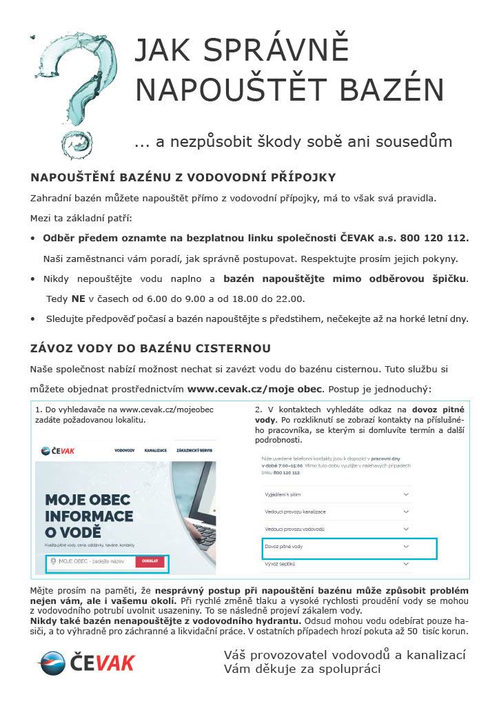 S blížící se letní sezónou připomínáme občanům pravidla pro bezpečné a správné napouštění zahradních bazénů, aby nedocházelo k problémům na vodovodní síti ani v domácnostech sousedů.