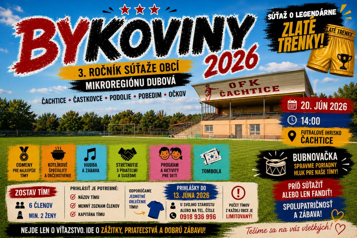 20. júna 2026 (sobota)  o 14:00 hod.  Futbalové ihrisko Čachtice