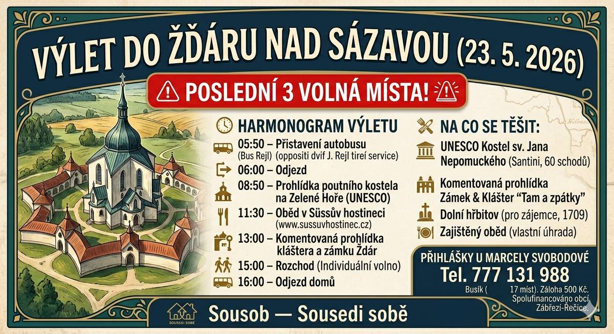 Ze zdravotních důvodů se uvolnila na zájezd do Žďáru nad Sázavou 3 místa. Hledáme náhradníky. Hlaste se u Marcely Svobodové na +420777131988