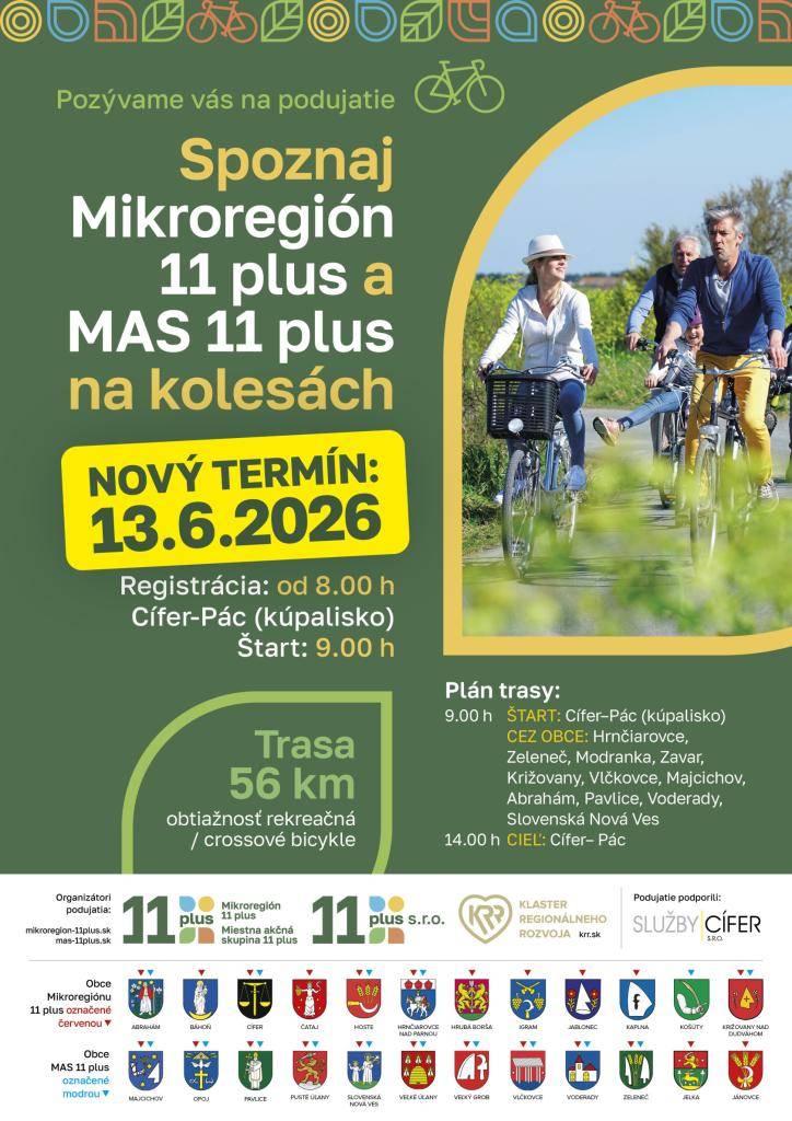 Z dôvodu nepriaznivého počasia nastala ZMENA TERMÍNU cyklopodujatia "Spoznaj Mikroregión 11 plus a MAS 11 plus na kolesách."   Nový termín podujatia je 13. júna 2026.