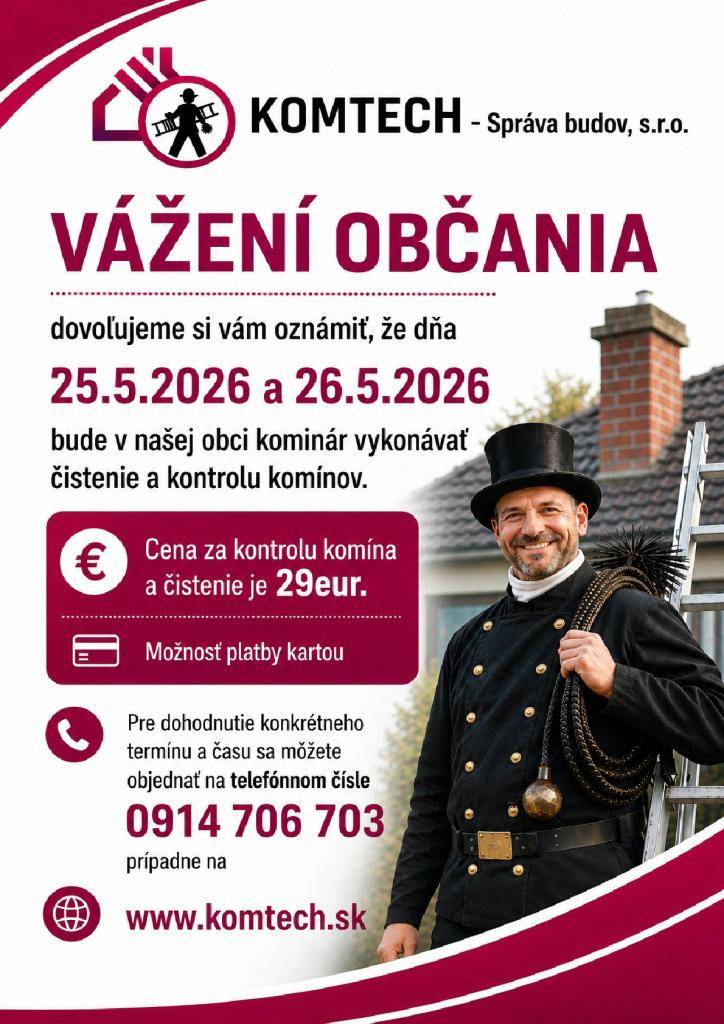Čistenie a kontrola komínov bude prebiehať 25. - 26. mája 2026
