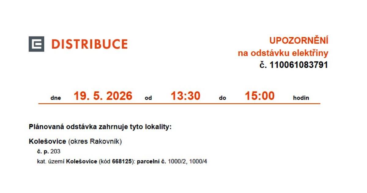 Dne 19. května 2026 se v Kolešovicích uskuteční plánovaná odstávka elektřiny od 13:30 do 15:00 hodin. Dotkne se č.p. 203 a parcelních čísel 1000/2 a 1000/4.
