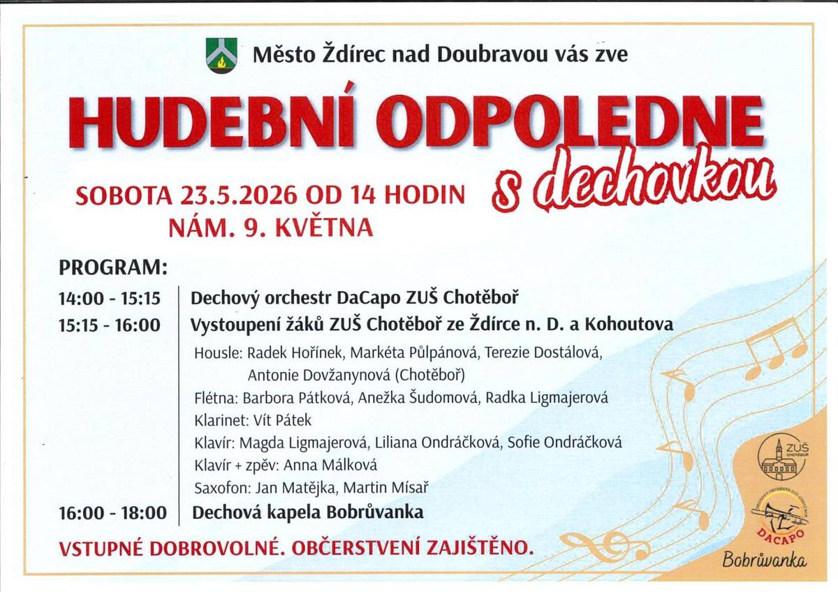 Město Ždírec nad Doubravou vás zve na hudební odpoledne s dechovkou v sobotu 23. 5. 2026 od 14 hodin na náměstí 9. května ve Ždírci nad Doubravou.