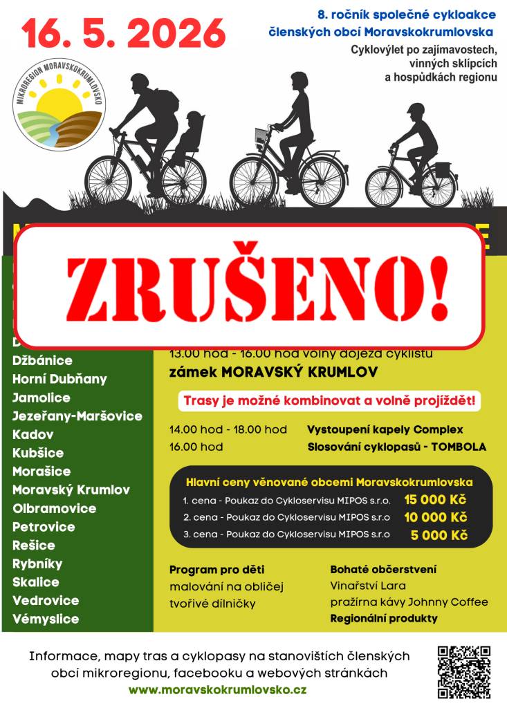 AKCE JE zrušena dne 16. května 2026 se měl uskutečnit 8. ročník společné cykloakce členských obcí Moravskokrumlovska na zámku Moravský Krumlov.