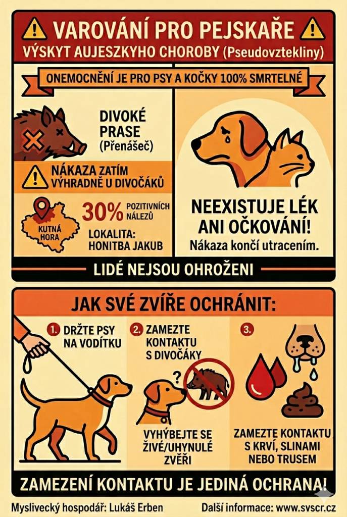 **⚠️ POZOR: SMRTELNÁ NÁKAZA V HONITBĚ JAKUB! ⚠️**  Vážení občané, zejména majitelé psů a koček, v honitbě Jakub byl u divokého prasete potvrzen nález Aujetzkyho choroby (tzv. pseudovztekliny). Tato situace je pro vaše domácí mazlíčky kritická! Pro další informace klikněte.