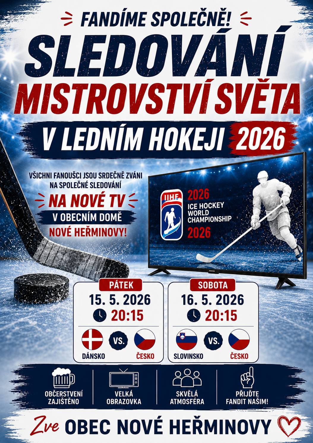 Přijďte společně fandit českému týmu při zahájení mistrovství světa v ledním hokeji 🥅🍻