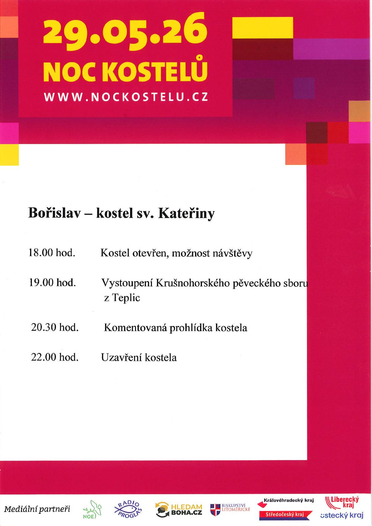Pozvánka na Noc kostelů dne 29. 5. 2026 od 18:00 do 22:00 hod. v kostele sv. Kateřiny v Bořislavi.