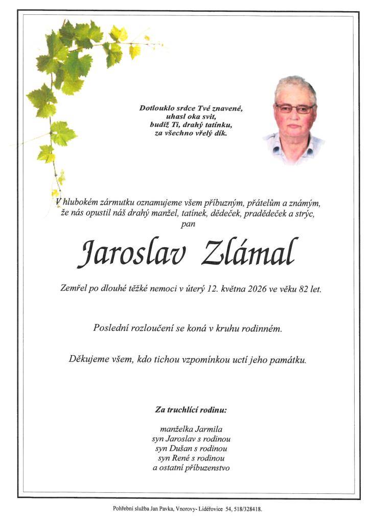 Smuteční oznámení Jaroslav Zlámal
