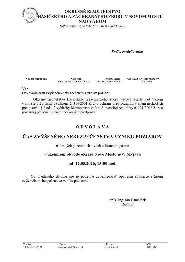 Odvolanie času zvýšeného nebezpečenstva vzniku požiaru