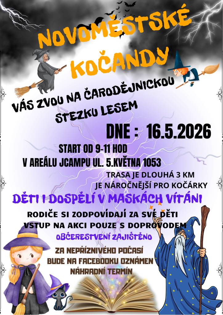 V sobotu 16. května 2026 od 9 do 11 hodin se uskuteční akce v Novém Městě pod Smrkem - Čarodějnická stezka. Trasa dlouhá 3 kilometry je náročnější pro kočárky a vítáni jsou všichni účastníci v maskách.