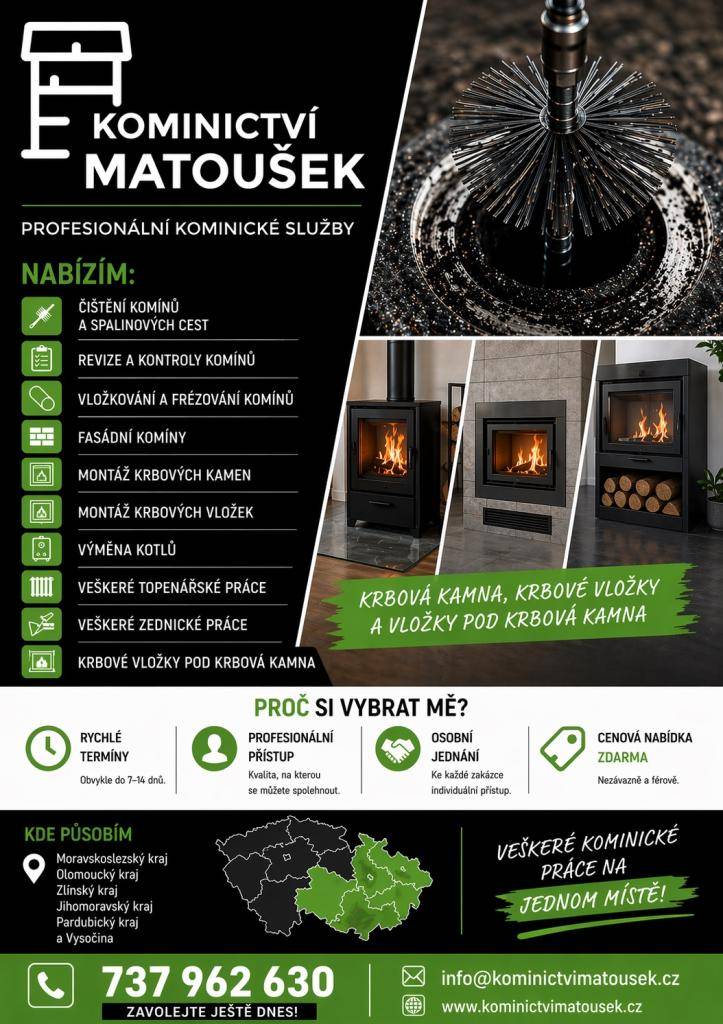 Zajišťujeme kompletní kominické práce podle vyhlášky č. 34/2016 Sb. o čištění, kontrole a revizi spalinové cesty a zákona č. 133/1985 Sb. o požární ochraně.