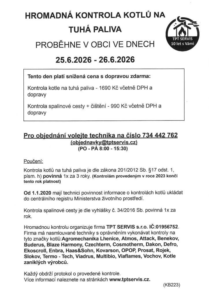 Hromadná kontrola kotlů na tuhá paliva proběhne v obci 25.6.-26.6.2026