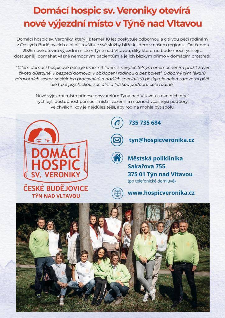 Domácí hospic sv. Veroniky, který již téměř 10 let poskytuje odbornou a citlivou péči rodinám  v Českých Budějovicích a okolí, rozšiřuje své služby blíže k lidem v našem regionu.