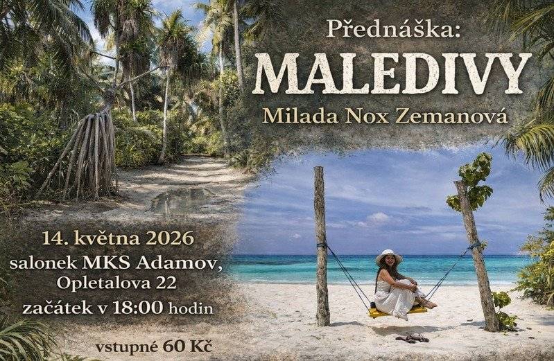 Dnes, 14. května 2026 v 18:00 hodin, se v MKS Opletalova 22 / Ptačina uskuteční přednáška Milady Nox Zemanové na téma Maledivy. Vstupné je 60 Kč.