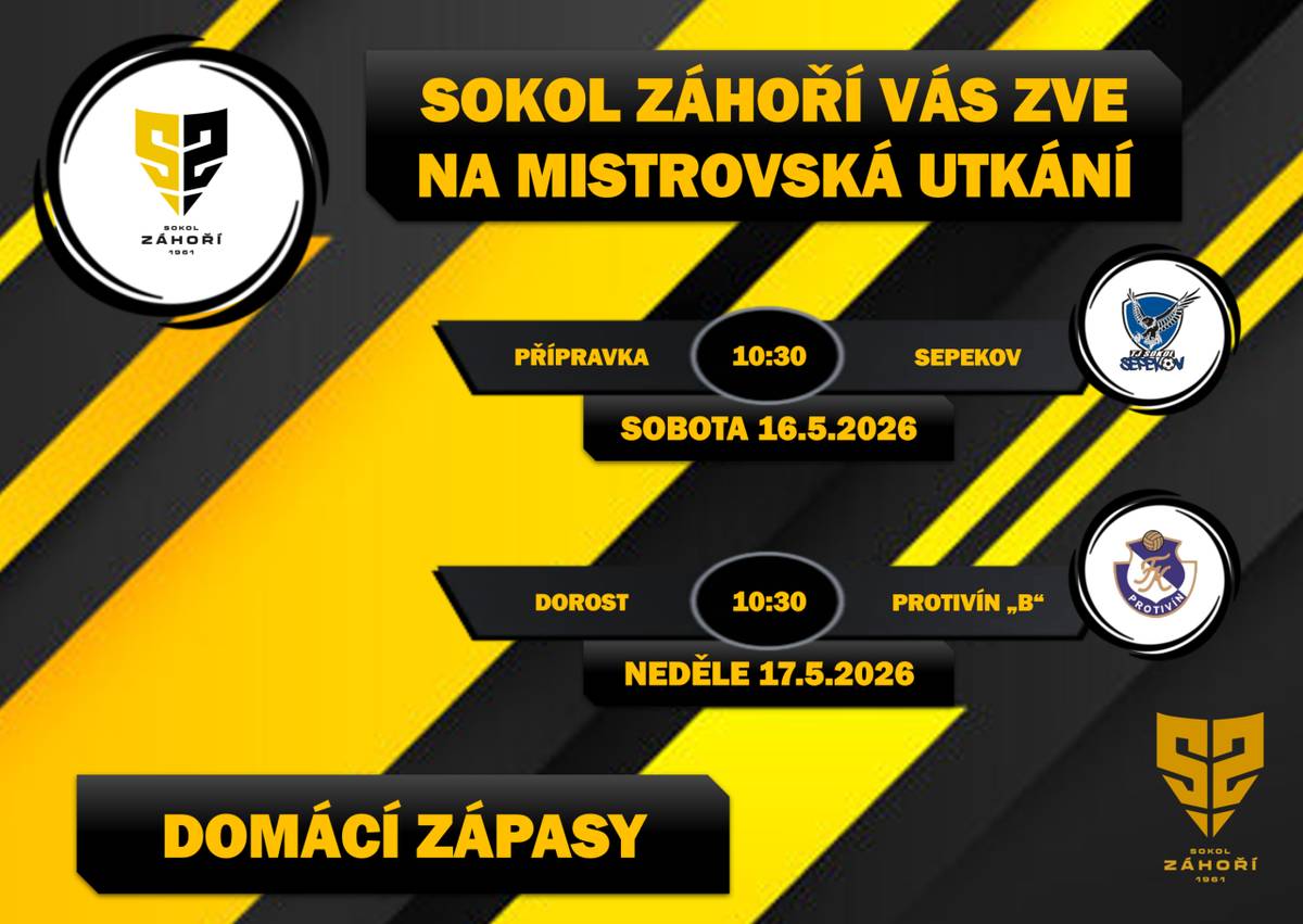 Přijďte podpořit naše fotbalisty na tyto zápasy:  Sobota 16.5.   10:30 PŘÍPRAVKA - SEPEKOV  17:00 OSLOV - MUŽI A (hřiště v Oslově)  Neděle 17.5  10:30 DOROST - PROTIVÍN B