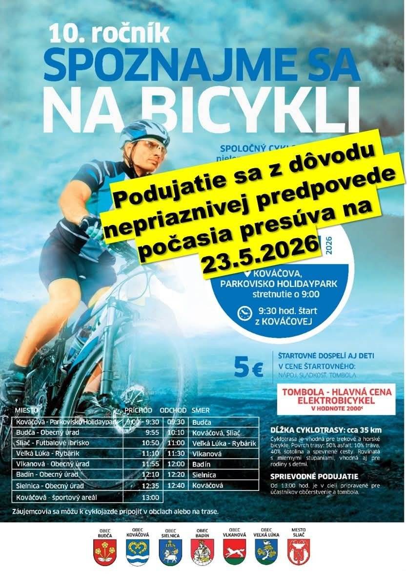 Podujatie „Spoznajme sa na bicykli“ sa z dôvodu nepriaznivého počasia presúva na 23. mája 2026.