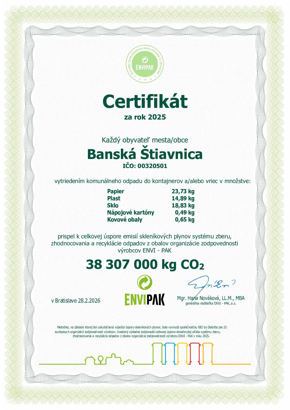 Každý obyvateľ nášho mesta prispel v roku 2025 vytriedením komunálneho odpadu do kontajnerov a/alebo vriec v množstve:   Papier 23,73 kg Plast 14,89 kg Sklo 18,83 kg Nápojové kartóny 0,49 kg Kovové obaly 0,65 kg k celkovej úspore emisií skleníkových plynov systému zberu, zhodnocovania a recyklácie odpadov z obalov organizácie zodpovednosti výrobcov ENVI - PAK.     Triedením odpadu občania prispeli k celkovej úspore emisií skleníkových plynov systému zberu, zhodnocovania a recyklácie odpadov z obalov organizácie ENV1 – PAK vo výške 41 637 000 kg CO₂.