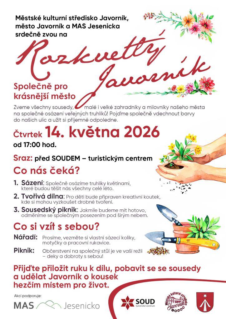 Zveme všechny sousedy, malé i velké zahradníky i milovníky našeho města na společné osázení veřejných truhlíků. Pojďme společně vdechnout barvy do ulic Javorníku a užít si příjemné odpoledne v dobré společnosti.