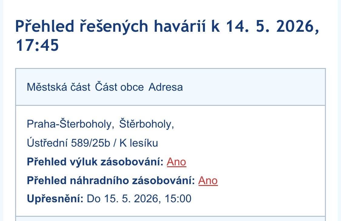 Havárie v ulici K lesíku. Oprava naplánovaná do pátku 15:00h náhradní cisterna přistavena