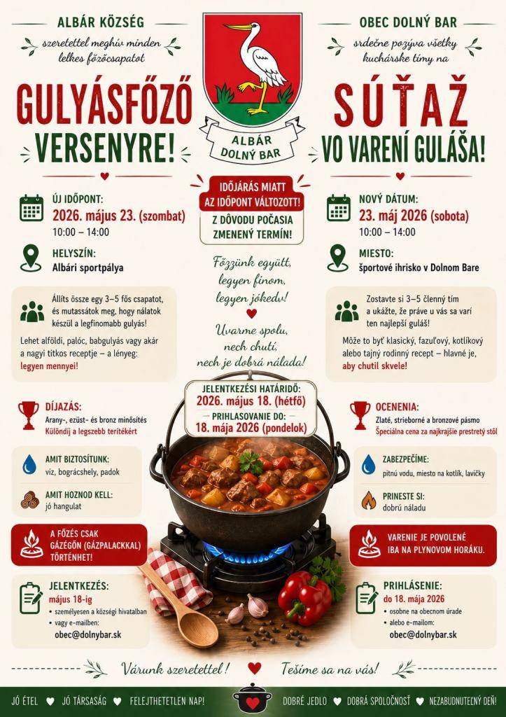 Z dôvodu nepriaznivého počasia sa akcia na športovom ihrisku v Dolnom Bare presúva na zmenený termín. Nový čas konania je stanovený od 10:00 do 14:00.