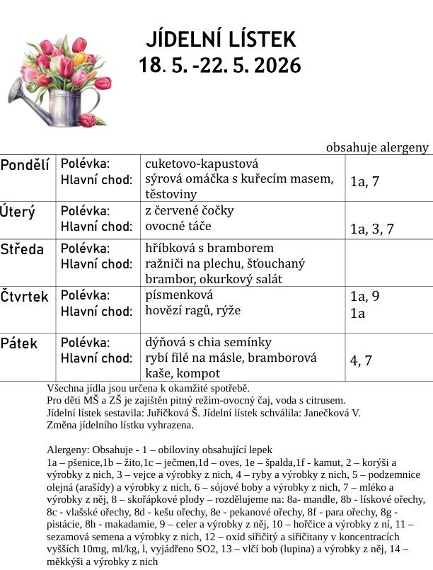Jídelní lístek od 18.5. do 22.5.2026