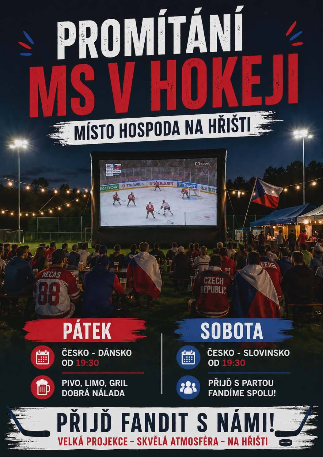 FK Jaroměřice nad Rokytnou zvou všechny fanoušky hokeje na společné sledování Mistrovství světa v hokeji do hospody na hřišti! Čeká vás TV projekce, skvělá atmosféra, pivo, limo i něco dobrého. Pátek od 19:30 Česko - Dánsko Sobota od 19:30 Česko - Slovinsko Kde : Hospoda na hřišti