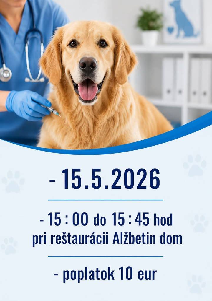 Vážení spoluobčania,   15.5.2026 (t.j. piatok) sa uskutoční povinné očkovanie psov starších ako 3 mesiace proti besnote, v čase od 15:00-15:45  pred reštauráciou Alžbetin dom.  Poplatok za očkovanie je 10 eur.