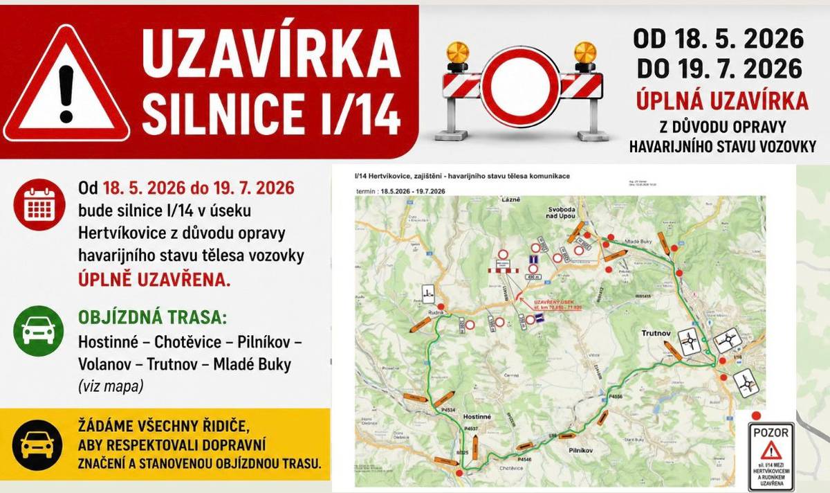 Silnice I/14 bude v termínu od 18.5. do 19.7.2026 uzavřena!