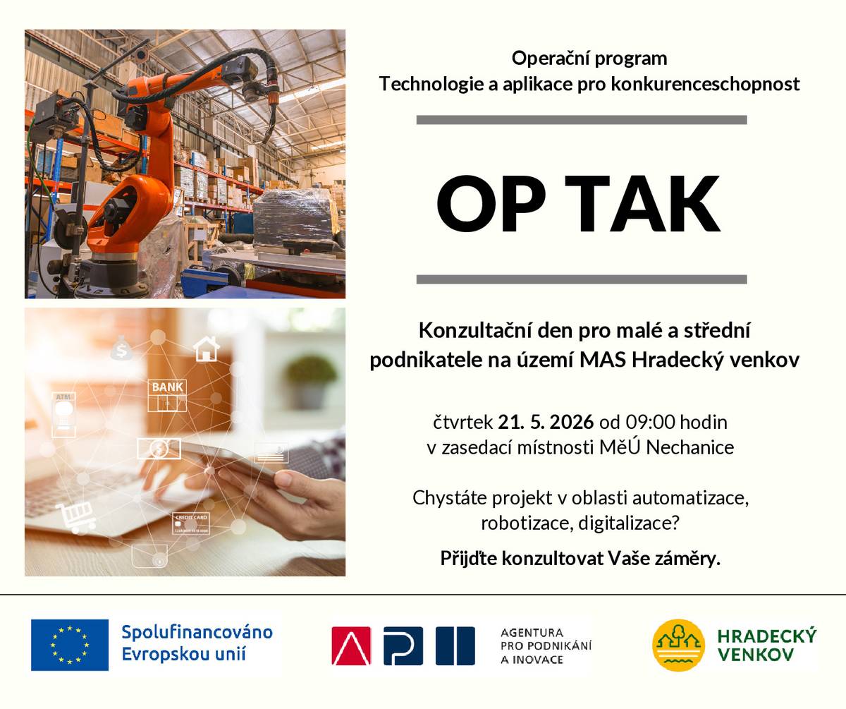 Konzultační den pro malé a střední podnikatele, MěÚ Nechanice, 21.5.2026 od 9:00 hod. Bližší informace v letáku.