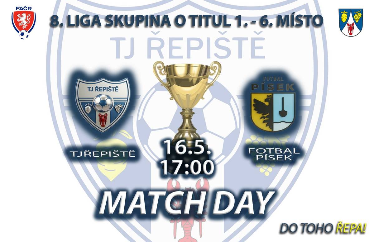 TJ Řepiště, z.s.  srdečně zve fotbalové příznivce na utkání play off 8. ligy mužů 16.5.2026  ⚽️⚽️ Přijďte hráče podpořit !!  Občerstvení zajištěno – výborné klobásy, pivo Radegast a Plzeň na čepu 🍺 Zveme také na televizní přenosy hokejového Mistrovství světa  ve Švýcarsku …začínáme prvním zápasem dnes od 16:20  Kanada-Švédsko a od 20:20  Česko – Dánsko !!