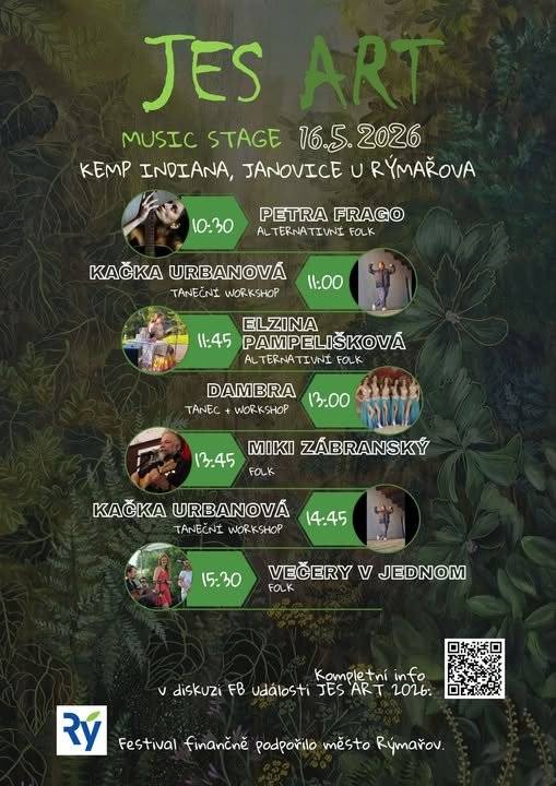 Jesenický umělecký festival JesART zve umělce i návštěvníky v sobotu 16. května od 10:00 do Kempu Indiana v Janovicích u Rýmařova.  Malíři, sochaři, fotografové, grafici, šperkaři, ale i hudebníci, tanečníci nebo spisovatelé představí to nejlepší ze své tvorby a vy můžete být u toho. Potkávat je, vidět u práce, dozvědět se vše o jejich díle nebo si jen užijete den v krásném inspirativním prostředí.  Vstup zdarma, občerstvení v areálu, program na celý den pro děti i dospělé.