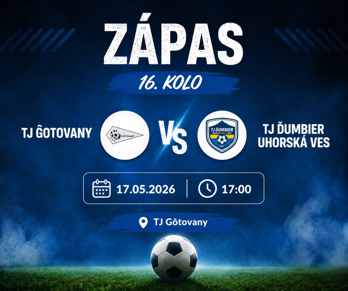 V nedeľu 17.mája 2026 o 17:00 hod. odohrá naše futbalové mužstvo majstrovský futbalový zápas s TJ Ďumbier Uhorská Ves na domácom ihrisku