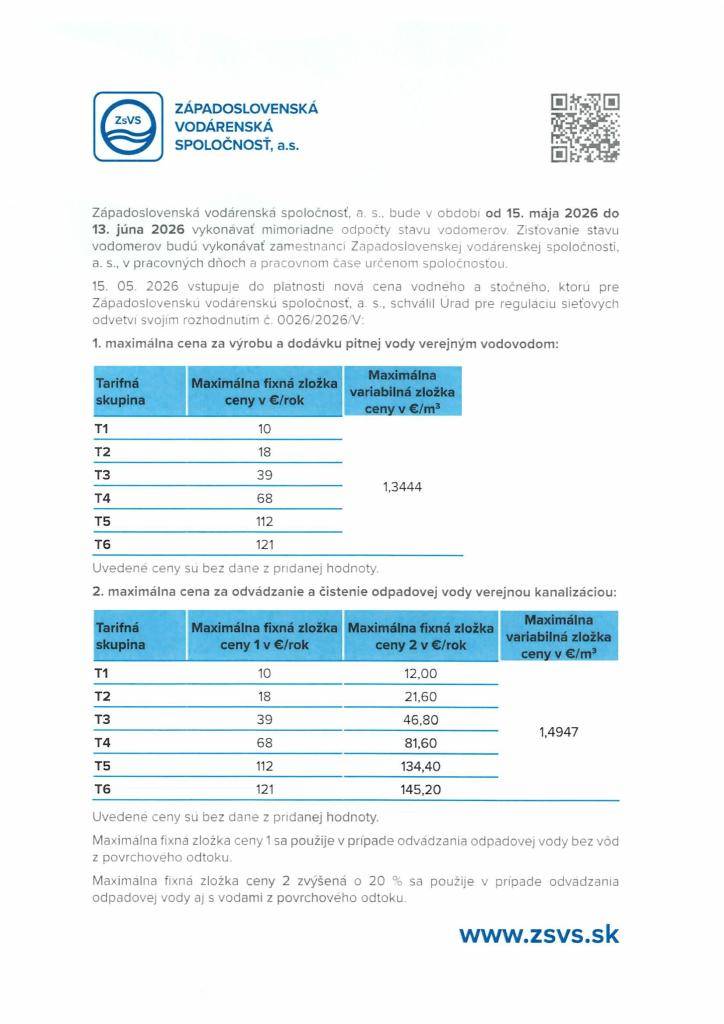 ZsVS a.s. od 15. mája 2026 do 13. júna 2026 bude vykonávať mimoriadne odpočty stavu vodomerov.