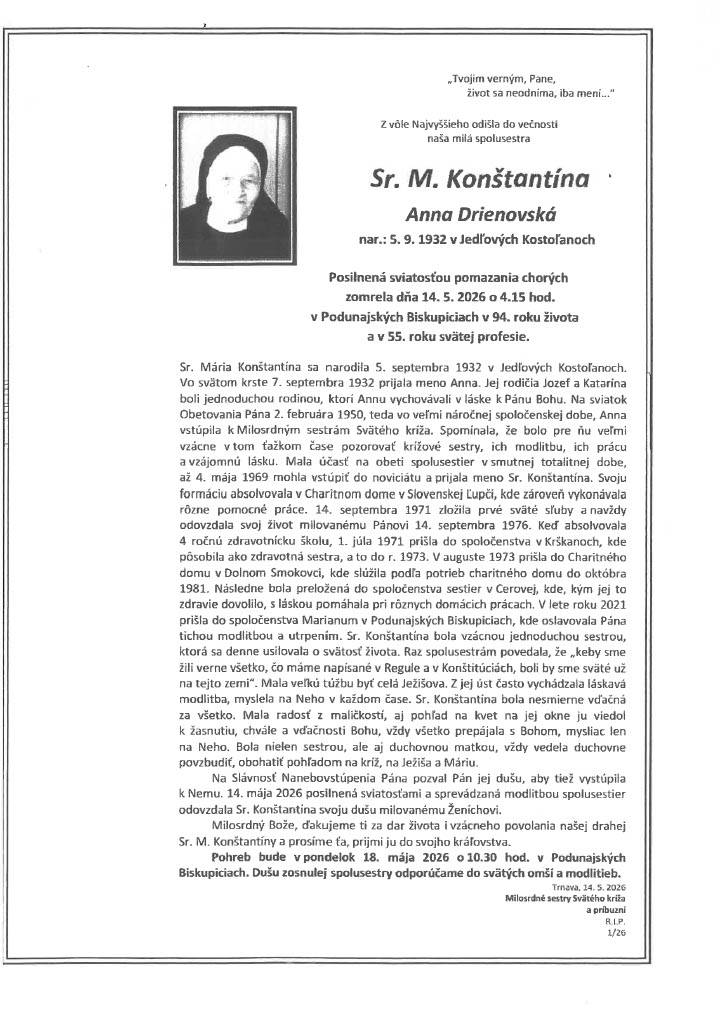Smútočné oznámenie Anna Drienovská - Sr. M. Konštantína