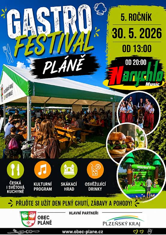 GASTROFESTIVAL PLÁNĚ – 5. ROČNÍK JE TADY!  Máte už plány na poslední květnovou sobotu? Pokud milujete skvělé jídlo, pití a dobrou zábavu, tak si do kalendáře červeně zapište 30. 5. 2026! Srdečně vás zveme do Plání na den plný chutí a pohody. Na co se můžete těšit? To nejlepší z kuchyně: Čeká vás poctivá česká klasika i vybrané světové speciality. Osvěžující drinky: Od vychlazeného piva až po míchané nápoje, které vás naladí na tu správnou vlnu. Bohatý kulturní program: O zábavu po celé odpoledne nouze nebude. Večerní jízda: Od 20:00 to rozbalí kapela! Přijďte si zatančit nebo jen tak poslechnout skvělou muziku pod širým nebem. Zábava pro děti: Pro ty nejmenší návštěvníky máme připravený skákací hrad a tvořivý koutek! Kdy a kde?  30. května 2026 od 13:00  Pláně Přijďte si s námi užít den plný chutí, zábavy a skvělé atmosféry! Těšíme se na vás!