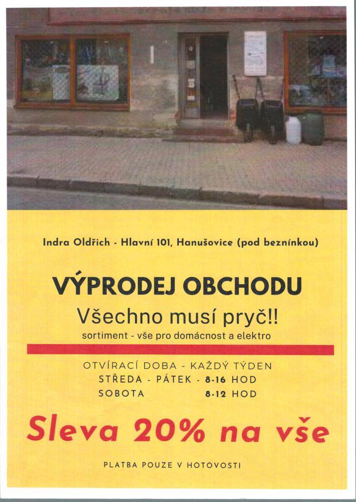 Výprodej obchodu - Indra Oldřich - Hlavní 101, Hanušovice (pod benzínkou)