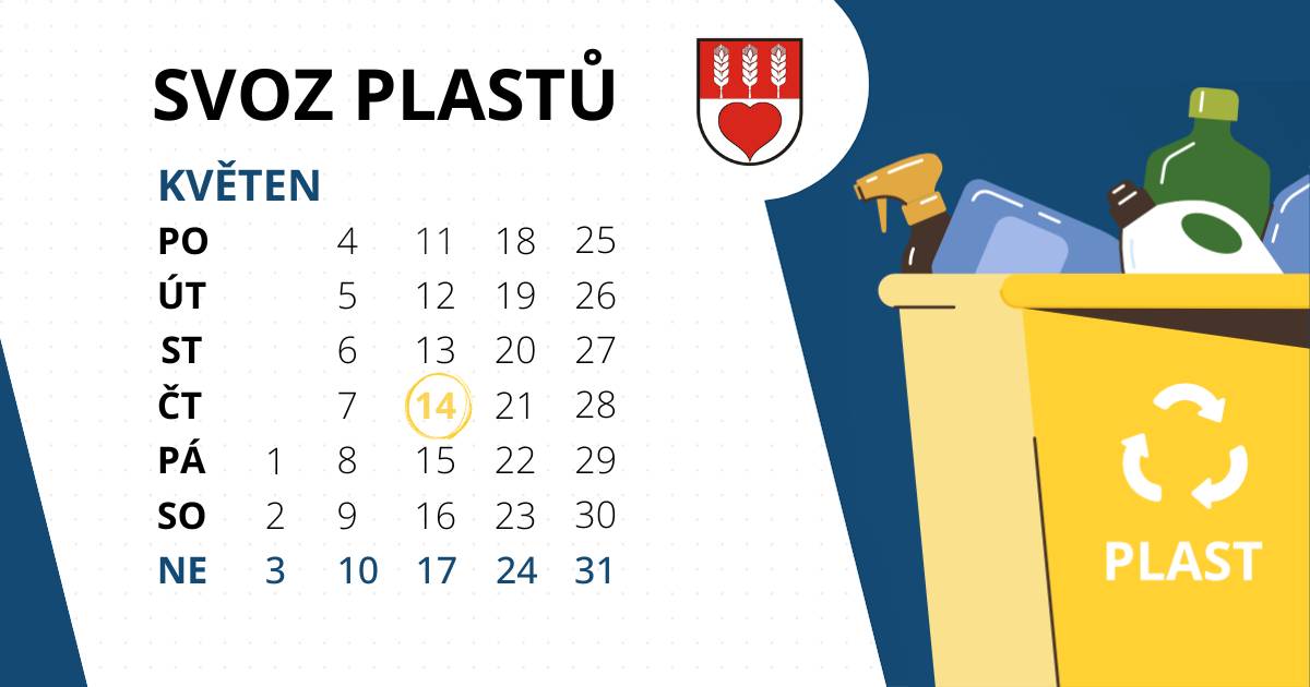 Zítra, ve čtvrtek 14. května, proběhne svoz plastů!  Nezapomeňte připravit žluté pytle na obvyklá místa.