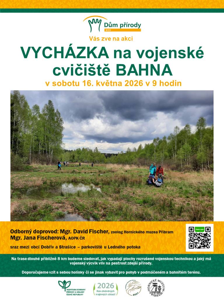 Zveme vás na vycházku na vojenské cvičiště Bahna, která se uskuteční v sobotu 16. května 2026 v 9 hodin. Trasa měří přibližně 8 km a zaměříme se na vliv vojenského výcviku na místní přírodu. Účastníci by si měli vzít vhodnou obuv a oblečení pro pohyb v podmáčeném terénu. Těšíme se na vaši účast.