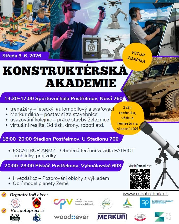 Ve středu 3. června se Postřelmov promění v živou dílnu plnou nápadů, strojů, tvoření a objevování. Konstruktérská akademie nabídne odpoledne i večer, během kterého si techniku, vědu i řemeslo nebudete jen prohlížet – ale opravdu si je vyzkoušíte.