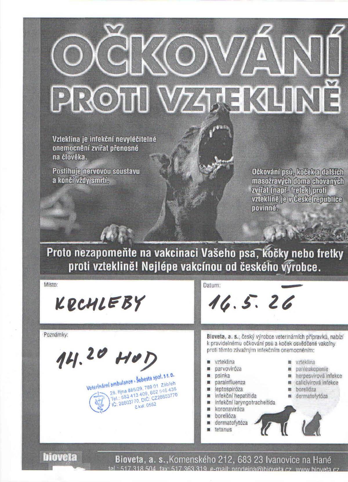 Dne 16.5.2026 ve 14,20 hod.proběhne u autobusových zastávek vakcinace proti vzteklině.