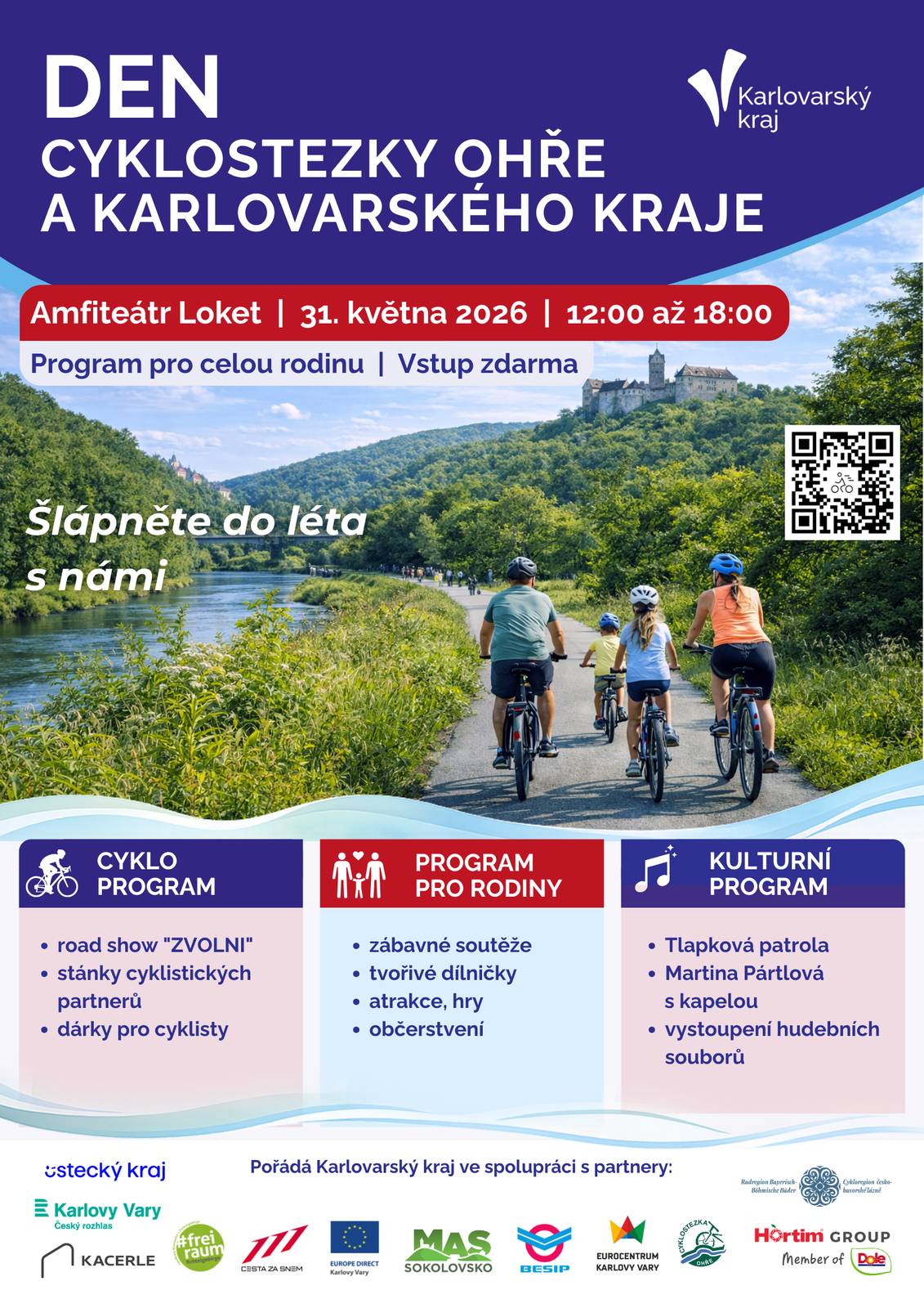 V neděli 31. května 2026 se Amfiteátr v Lokti promění v živé centrum cyklistiky a zábavy. Těšit se můžete na pestrý program pro aktivní sportovce, rodiny s dětmi a širokou veřejnost. Vystoupí Tlapkové patroly, zpěvačka Martina Pártlová a autogramiáda legendy běžeckého lyžování Lukáše Bauera.