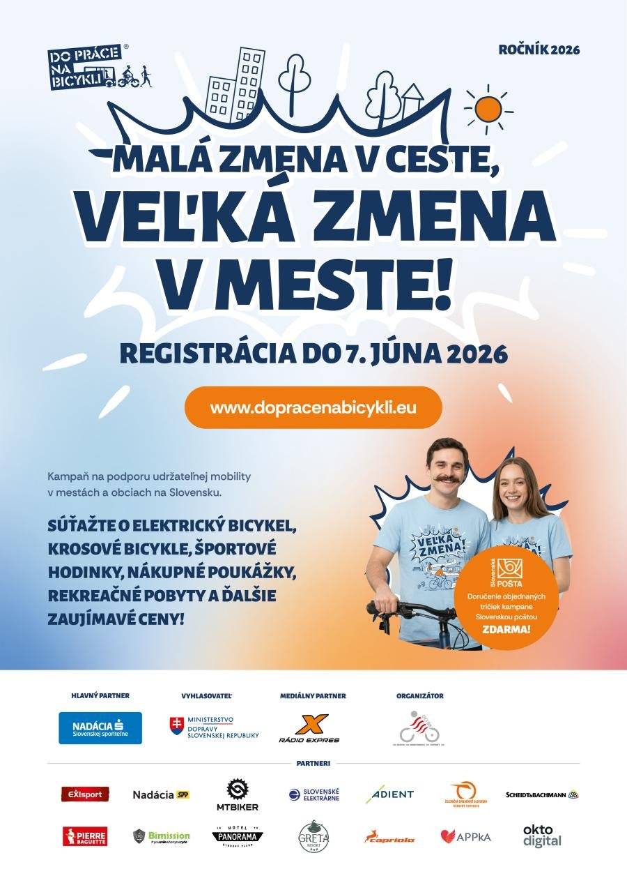Mesto Trenčianske Teplice sa aj v roku 2026 zapája do celoslovenskej kampane Do práce na bicykli 2026, ktorá podporuje ekologickú, zdravú a udržateľnú dopravu v mestách a obciach. Cieľom kampane je motivovať zamestnancov, aby namiesto auta využívali na cestu do práce bicykel, chôdzu alebo verejnú dopravu. Každá malá zmena v každodennom cestovaní môže prispieť k lepšiemu životnému prostrediu, zdravšiemu životnému štýlu a príjemnejšiemu mestu pre všetkých. Vytvorte tím a zapojte sa aj vy Do kampane sa môžu registrovať 2 až 4-členné tímy zložené zo zamestnancov jednej organizácie alebo firmy. Súťažiť budete v počte najazdených kilometrov a pravidelnosti dochádzania do práce ekologickým spôsobom. Registrácia tímov prebieha do 7. júna 2026. Súťaží sa aj o zaujímavé ceny Účastníci kampane môžu získať atraktívne ceny, napríklad:  elektrický bicykel, krosové bicykle, športové hodinky, nákupné poukážky, rekreačné pobyty a ďalšie odmeny.  Viac informácií a registráciu nájdete na oficiálnej stránke kampane: www.dopracenabicykli.eu