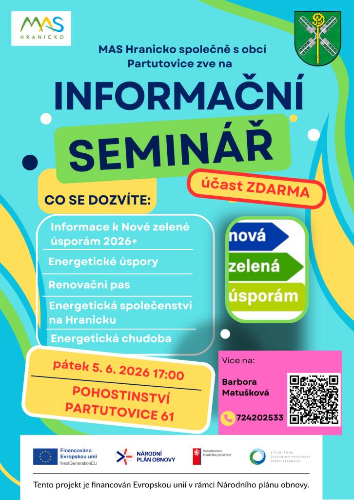 MAS Hranicko společně s obcí Partutovice zve na informační seminář, který se bude konat v pátek 5. června 2026 od 17. hod. v pohostinství, Partutovice 61.