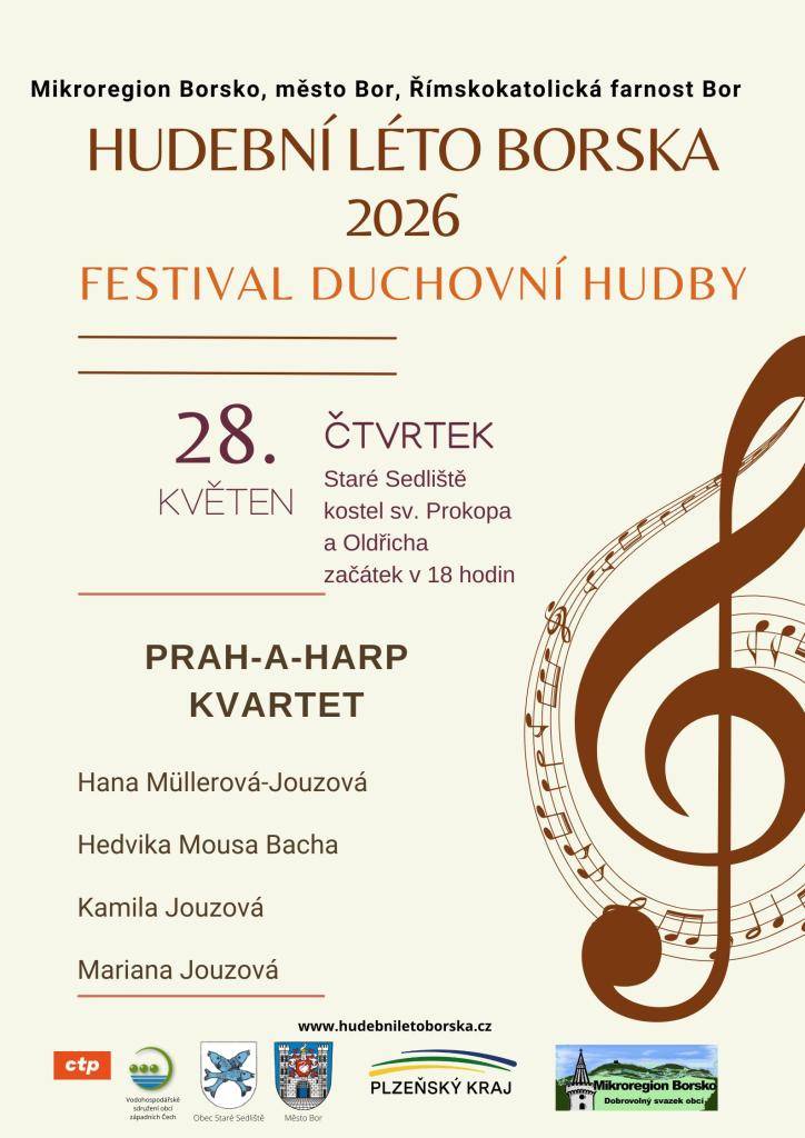Hudební léto Borska 2026 přináší festival duchovní hudby, který se uskuteční 28. května 2026. Koncert kvartetu Prah-a-Harp se bude konat v kostele sv. Prokopa a Oldřicha ve Starém Sedlišti od 18 hodin.