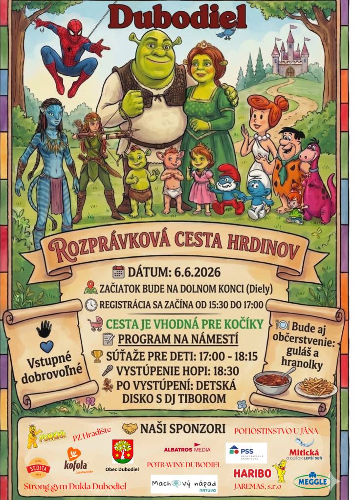 Vážení občania, milí rodičia, milé deti, pozývame vás na Rozprávkovú cestu hrdinov, ktorá sa bude konať dňa 6. júna v našej obci.  Čaká vás popoludnie plné zábavy, rozprávkových postavičiek, súťaží a skvelej atmosféry.